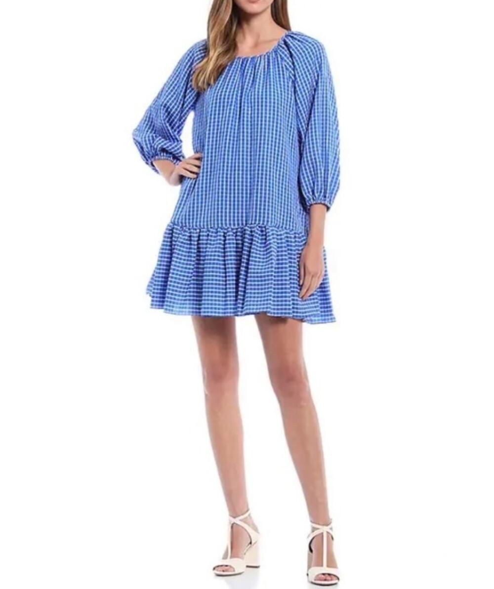 LDT Seersucker Gingham Mini Dress Preppy Puff Sleeve 4 Sorority Drop Waist Boho